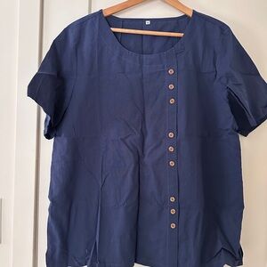 Women's Navy Short-Sleeve Asymmetrical Button Top